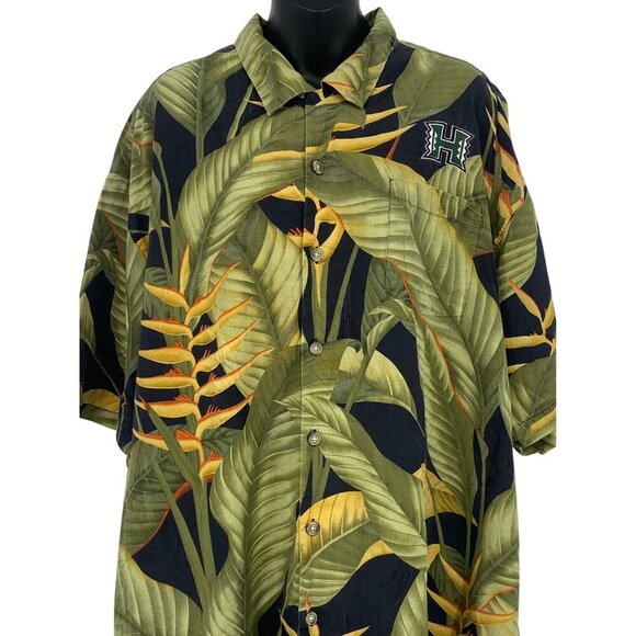 Tommy Bahama UH University Hawaii XXL Aloha Black Silk Button Shirt Green EUC - Picture 2 of 7